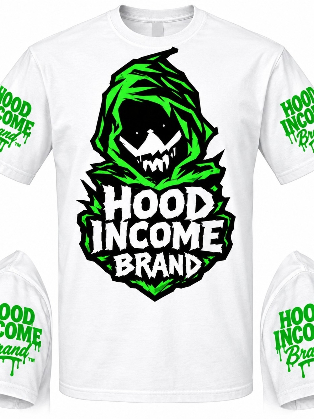 HOOD INCOME BRAND TM- White with Neon Reaper Green Graphic